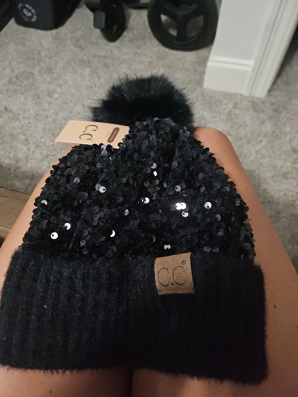 C.C. Black Sequin Pom Pom Beanie